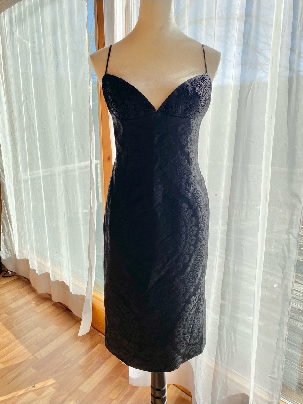 Vintage Pamela Dennis LBD Black Jacquard Silk Dress Spaghetti Strap Beaded 8 NWT